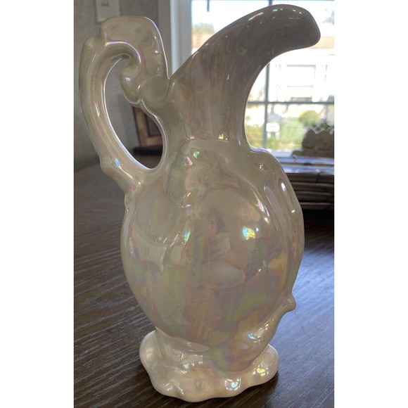 VTG Victorian Style iridescent Porcelain Floral Ewer Vase 9" pitcher Numbered - Picture 3 of 6